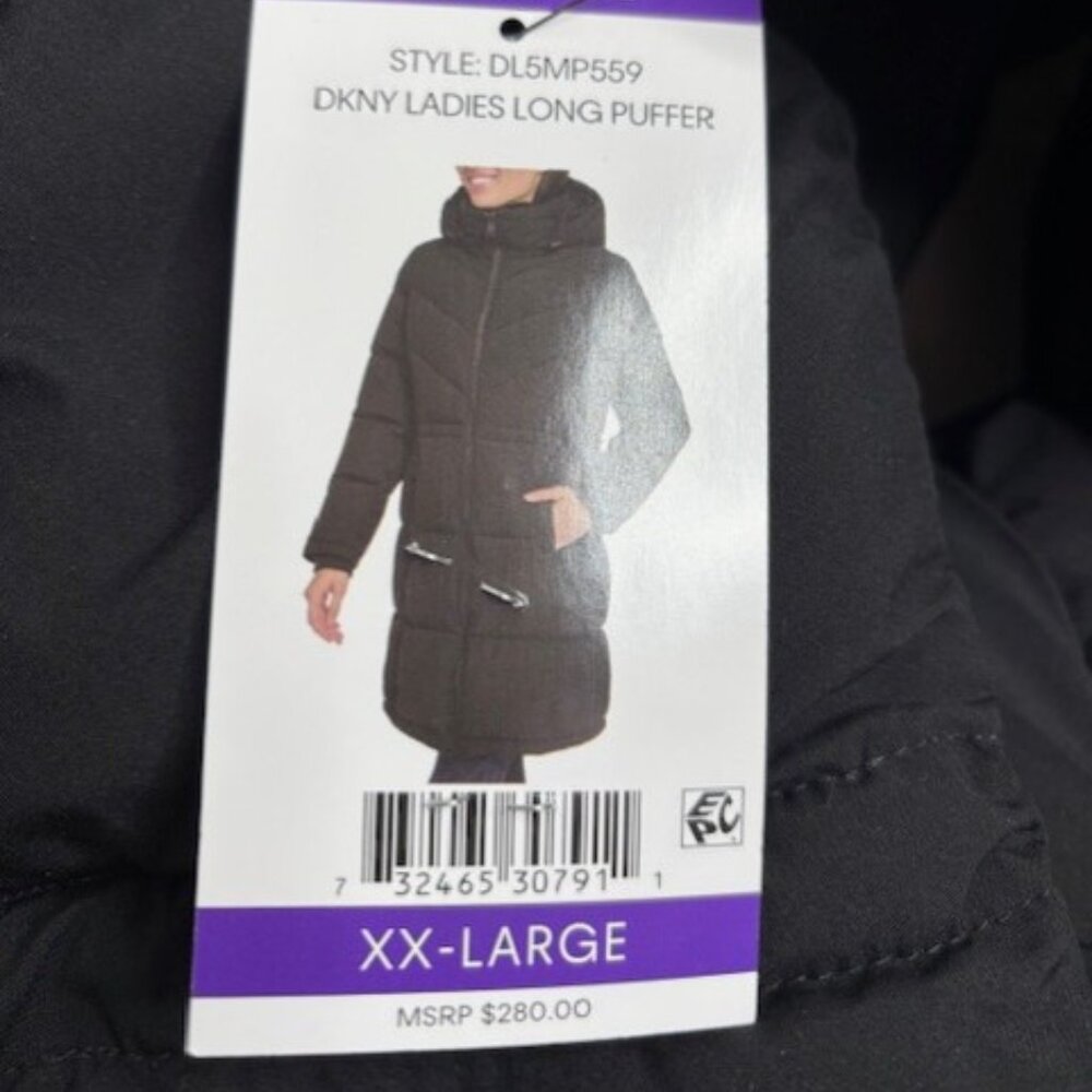 DKNY Long Puffer Jacket Faux Fur Collar Removable Hood Size XXL Black NWT - Picture 12 of 15